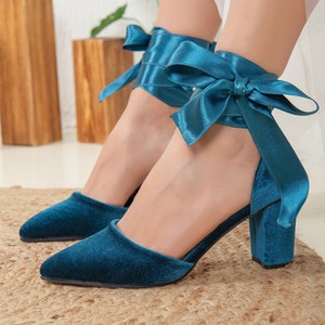 Blue Velvet Shoes, Blue Wedding Shoes, Teal Blue Heels with Ribbon, Blue Bridal Heel, Ocean Blue Velvet Pumps, Block Heels, Something Blue