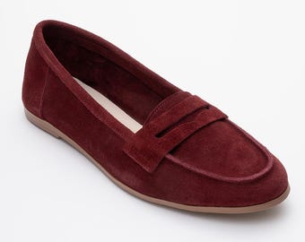 Vinröda mockaloafers, Damloafers, Vinröda mockaskor, Loaferskor, Läderloafers, Loafer, Mockaloafers