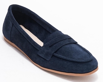 Navy Suede Leather Loafers, Womens Loafers, Navy Suede Leather Shoes, Loafer Shoes, Leather Loafers, Suede Loafers