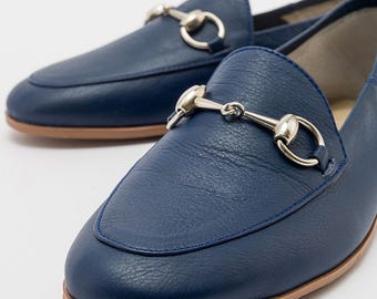 Navy Blue Leather Loafers, Women's Leather Loafers, Handmade Elegant Flats, Sustainable Comfortable Footwear, Navy Blue Leather Flats