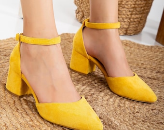 Mustard Wedding Shoes, Vegan Suede Wedding Heels, Medium High
