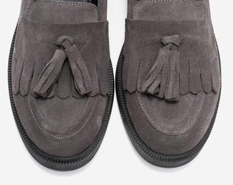 Women’s Grey Suede Tassel Loafers, Handmade Classic Flat Shoes, Modern Elegant Style, Everyday Comfort, Gift for Her