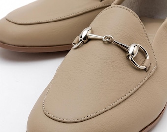 Dark Beige Leather Loafers, Women's Leather Loafers, Handmade Elegant Flats, Sustainable Comfortable Footwear, Beige Leather Flats