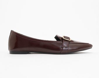 Burgundy Patent Leather Flats for Women, Pointed Toe Ballet Shoes with Buckle, Elegant Everyday Flat Shoes, Burgundy Loafers, Gift for Her