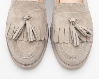 Women’s Beige Suede Tassel Loafers, Handmade Classic Flat Shoes, Modern Elegant Style, Everyday Comfort, Gift for Her