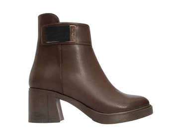 Brown Block Heel Zip Boot, Buckled Platform Ankle Boots for Women, Chunky Heel Winter Boots, Faux Leather Warm Lined Boots