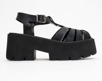 Black Platform Sandals, Women's Black Sandals, Handmade Comfortable Platform Sandals, Adjustable Ankle Strap Shoes, Modern Chic Footwear