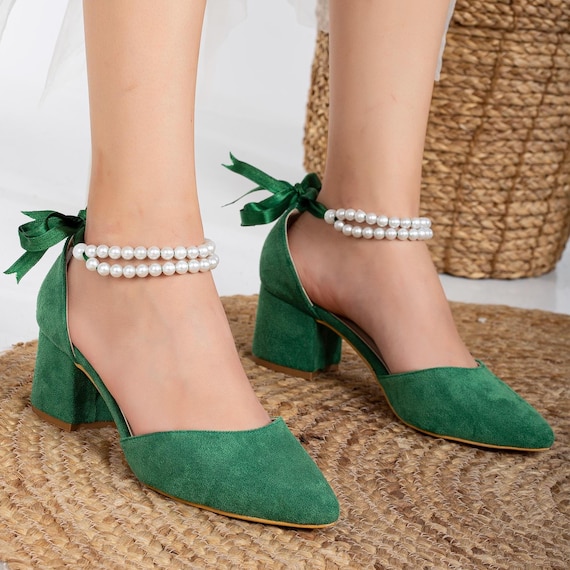 Green Wedding Shoes with Pearls, Green Suede Bridal Shoes, Green Suede Low Heels, Green Suede Pumps, Light Green Heels, Green Block Heels