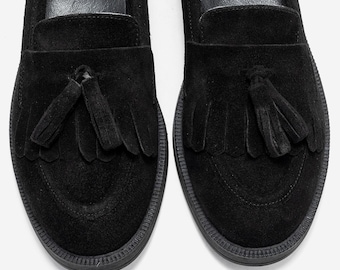 Women’s Black Suede Tassel Loafers, Handmade Classic Flat Shoes, Modern Elegant Style, Everyday Comfort, Gift for Her