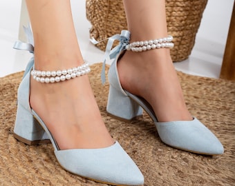 Blue Wedding Shoes with Pearls, Blue Suede Bridal Shoes, Baby Blue Low Heels, Blue Closed Toe Heels, Blue Bridal Pumps, Baby Blue Block Heel