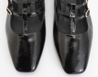 Black Leather Mary Jane Flats for Women, Square Toe Flat Shoes, Elegant Everyday Ballet Flats, Black Loafers, Womens Mary Jane Flats