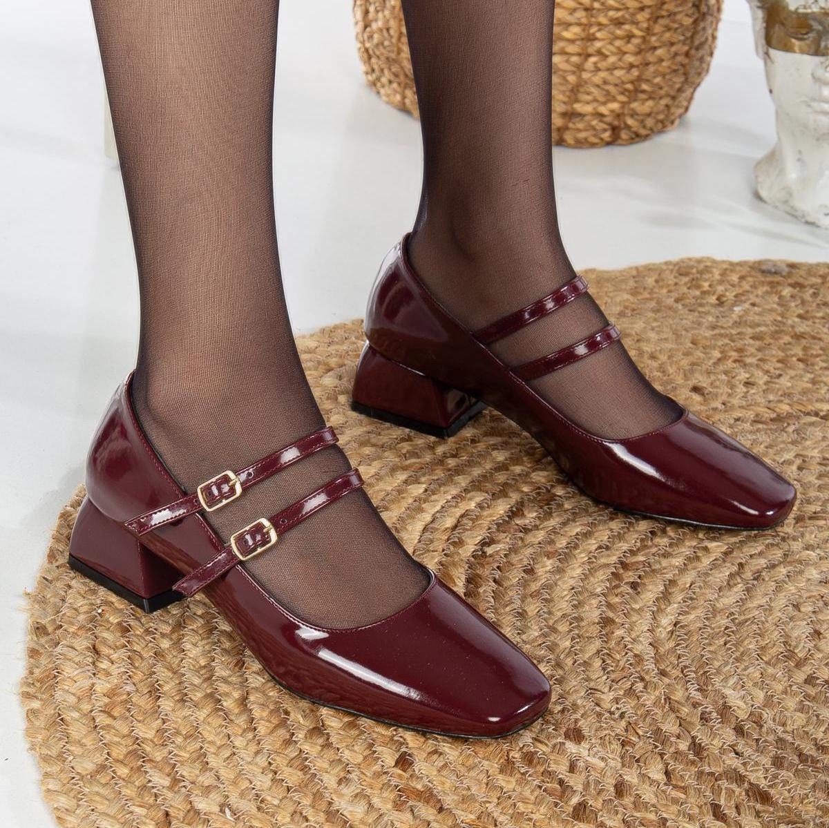 Red Cherry Mary Jane Shoes, Red Patent Mary Janes, Burgundy Mary