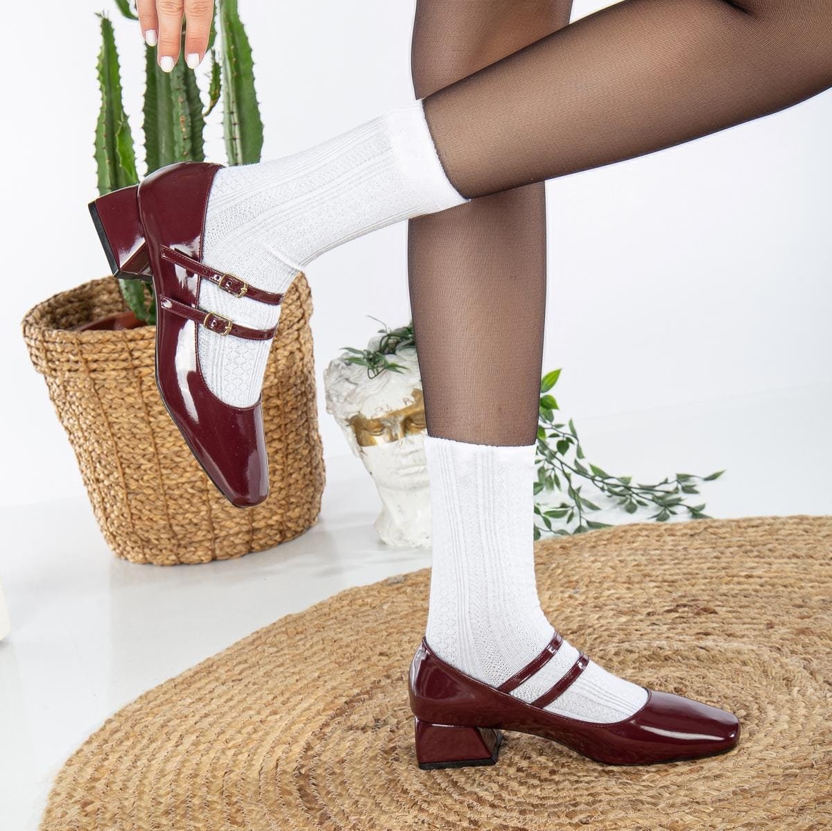 Red Cherry Mary Jane Shoes, Red Patent Mary Janes, Burgundy Mary