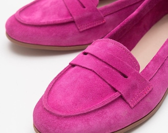 Fuchsia Suede Leather Loafers, Womens Loafers, Fuchsia Suede Leather Shoes, Loafer Shoes, Leather Loafers, Loafer, Suede Loafers