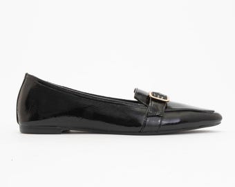Black Patent Leather Flats for Women, Pointed Toe Ballet Shoes with Buckle, Elegant Everyday Flat Shoes, Black Loafers, Gift for Her
