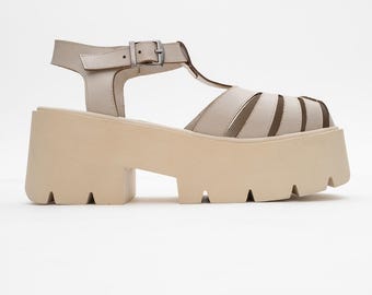 Beige Platform Sandals, Women's Beige Sandals, Handmade Comfortable Platform Sandals, Adjustable Ankle Strap Shoes, Modern Chic Footwear