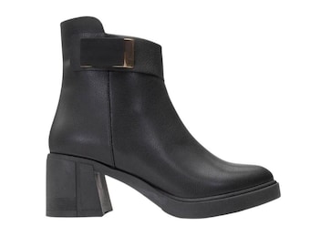 Black Block Heel Zip Boot, Buckled Platform Ankle Boots for Women, Chunky Heel Winter Boots, Faux Leather Warm Lined Boots