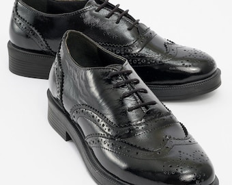 Zapatos Oxford de charol negro, Zapatos Oxford, Zapatos de cuero negro, Zapatos de oficina, Zapatos casuales negros, Zapatos Oxford de mujer, Zapatos negros