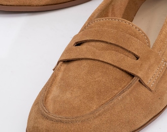 Cognac Brown Suede Leather Loafers, Womens Loafers, Cognac Suede Leather Shoes, Loafer Shoes, Leather Loafers, Suede Loafers