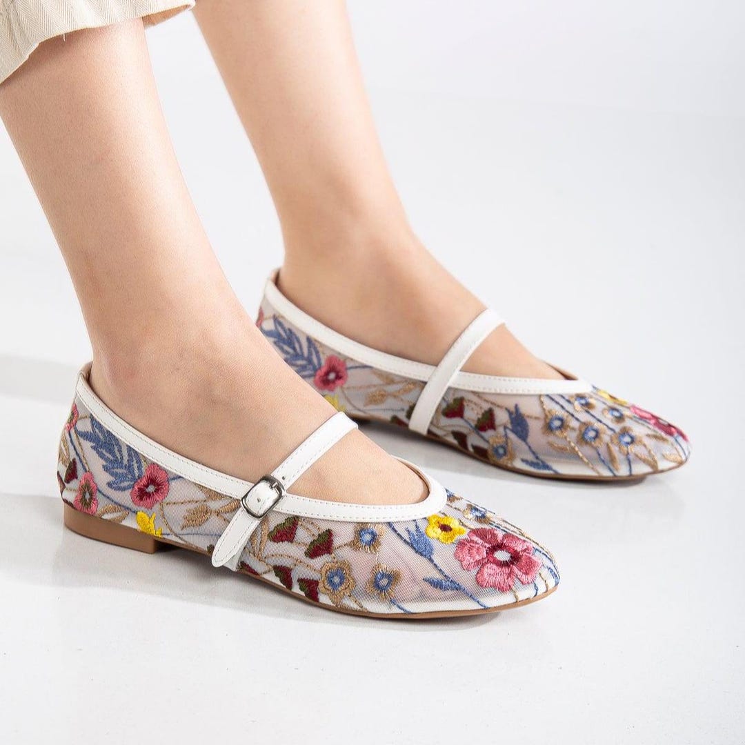 Floral Mesh Mary Jane Flats, White Embroidered Shoes - Etsy