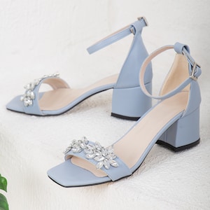 Blue Wedding Shoes with Rhinestones, Blue Block Heels, Blue Heels with Floral Rhinestones, Baby Blue Heels, Blue Sandals, Blue Wedding Heels Baby Blue Sandals with Rhinestones, Blue Wedding Heels, Blue Low Heels