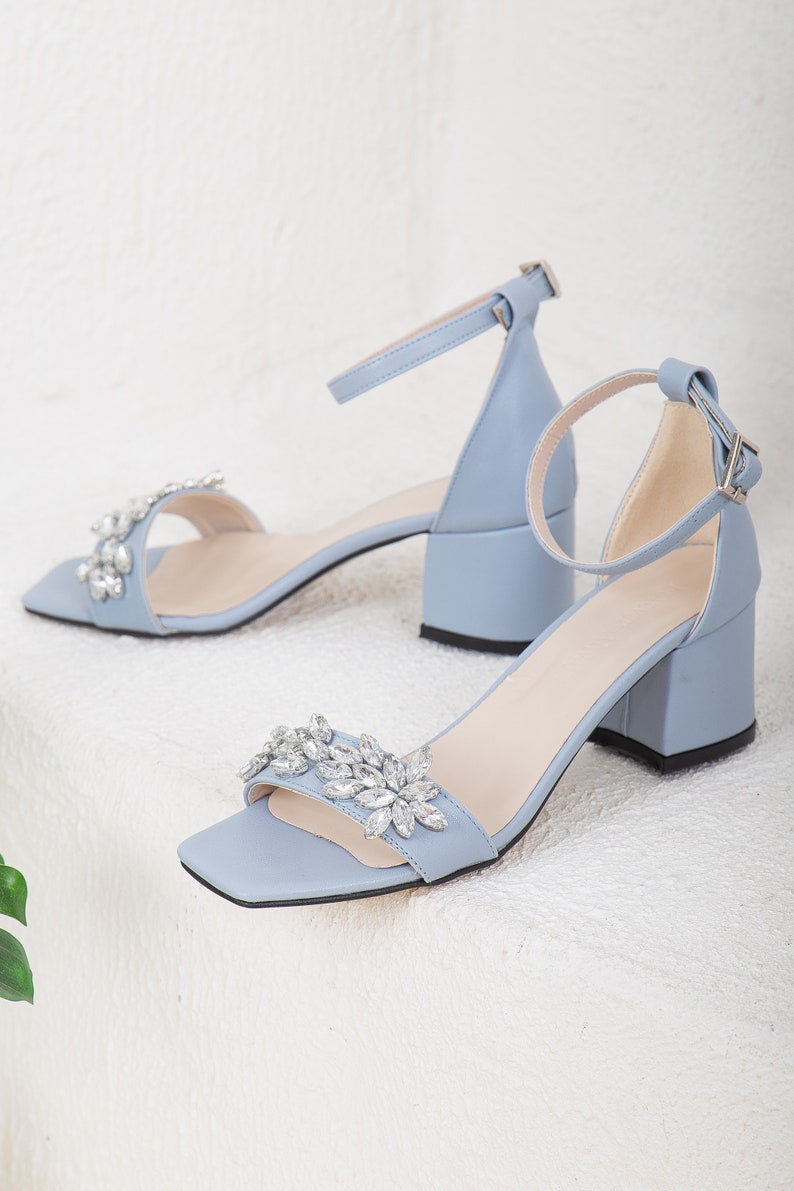 Blue Wedding Shoes with Rhinestones, Blue Block Heels, Blue Heels with Floral Rhinestones, Baby Blue Heels, Blue Sandals, Blue Wedding Heels Baby Blue Sandals with Rhinestones, Blue Wedding Heels, Blue Low Heels