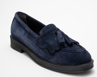 Women’s Navy Suede Tassel Loafers, Handmade Classic Flat Shoes, Modern Elegant Style, Everyday Comfort, Gift for Her