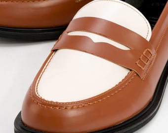 Mocasines clásicos minimalistas para mujer con tacón plano, elegantes y hechos a mano para el día a día, color coñac, cómodos, un regalo ideal.