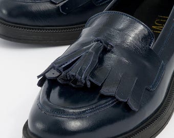 Navy Patent Leather Loafers for Women, Handmade Classic Flat Shoes, Timeless Everyday Style, Navy Loafers, Gift for Her