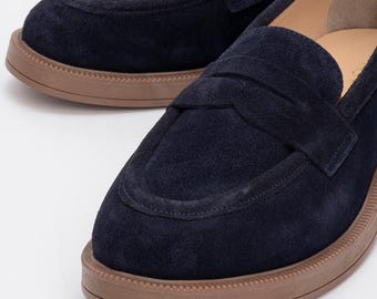 Navy Suede Leather Shoes, Leather Shoes, Women Suede Shoes, Navy Leather Loafers, Women Loafers, Gift for Her
