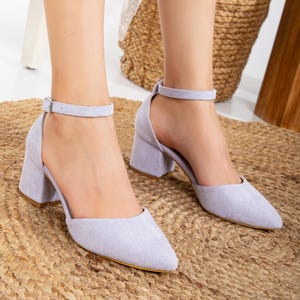 Lilac Wedding Shoes, Lilac Suede Bridal Shoes, Lilac Closed Toe Heels, Light Purple Toe Bride Shoes, Purple Suede Shoes, Purple Block Heels