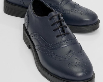 Zapatos Oxford de piel azul marino, Zapatos Oxford, Zapatos de piel azul marino, Zapatos de oficina, Zapatos informales azul marino, Zapatos Oxford de mujer, Zapatos azul marino