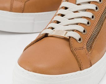 Cognac Brown Leather Sneakers, Women's Leather Sneakers, Handmade Comfortable Sneakers, Zip Detail Sneakers, Everyday Stylish Footwear