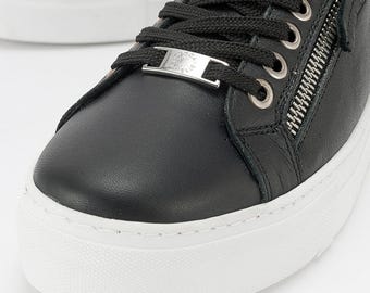 Black Leather Sneakers, Women's Leather Sneakers, Handmade Comfortable Sneakers, Minimalist Zip Detail Sneakers, Everyday Stylish Footwear