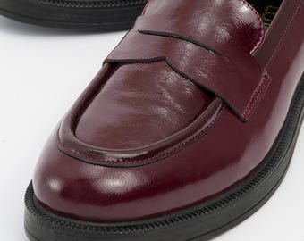 Burgundy Patent Leather Shoes, Leather Shoes, Women Leather Shoes, Burgundy Leather Loafers, Women Loafers, Burgundy Loafers, Gift for Her