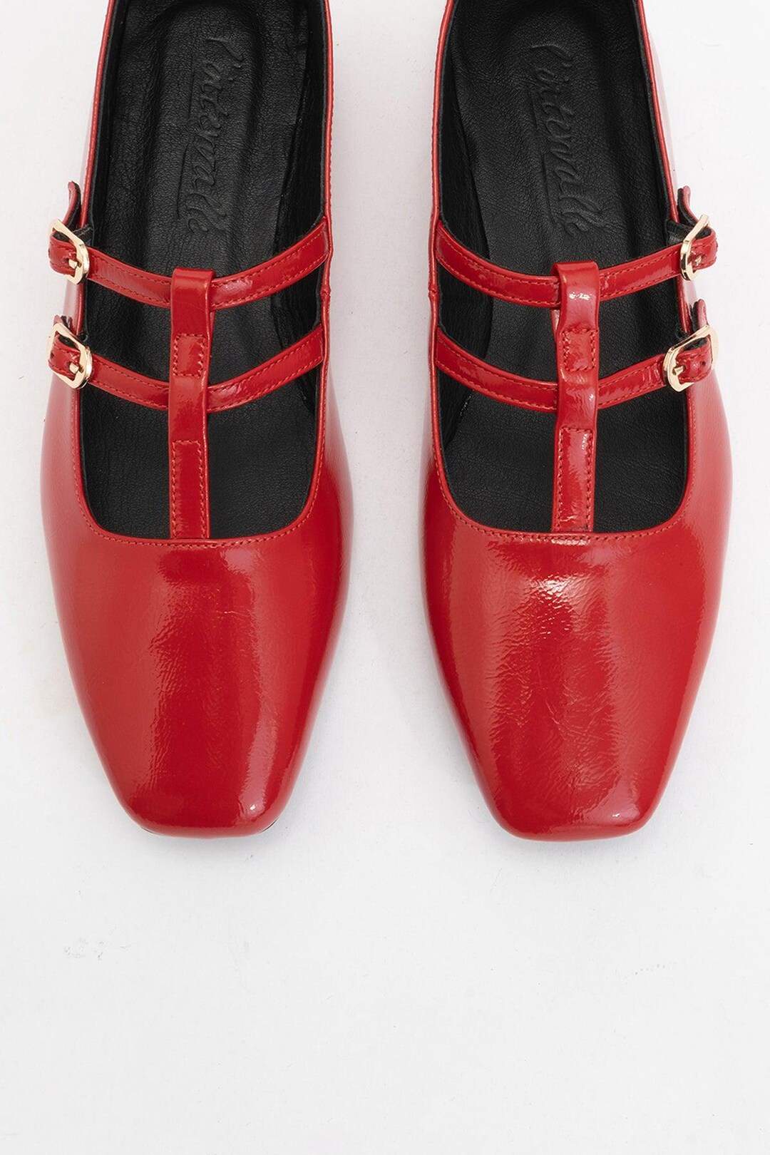 Red Leather Mary Jane Flats for Women, Square Toe Flat Shoes With Strap ...