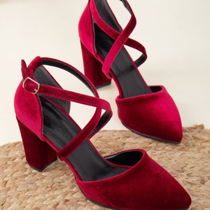 Red Velvet Heels, Burgundy Velvet Shoes, Dark Red Velvet Shoes, Burgundy Shoes, Red Bridal Shoes, Criss Cross Heels, Burgundy Wedding Shoes
