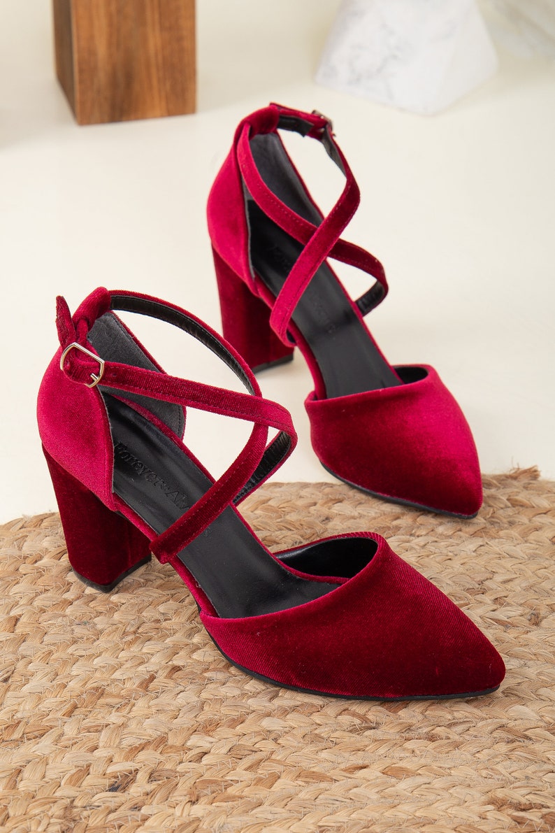Red Velvet Heels, Burgundy Velvet Shoes, Dark Red Velvet Shoes, Burgundy Shoes, Red Bridal Shoes, Criss Cross Heels, Burgundy Wedding Shoes