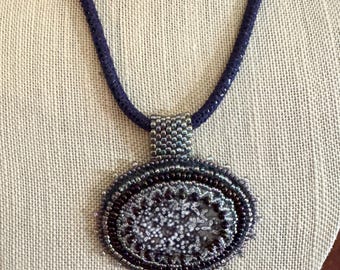 Hand made Large Boho style Purple Ocean Jasper bead embroidered necklace on leather