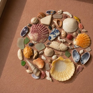 Può includere: Una collezione incorniciata di conchiglie assortite, vetro marino e un frammento di ceramica con motivi blu e bianchi, disposti in un motivo circolare su uno sfondo color terracotta. L'insieme presenta diverse texture, forme e colori.