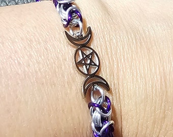 Triple Moon Goddess Chainmail Bracelet: Byzantine Weave Pagan Jewelry