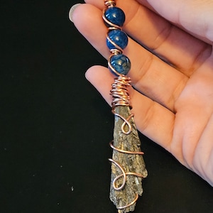 Witches Broom Pendant Black Kyanite and Blue Glass Bead Broom Wire Wrapped Necklace for Wiccan, Witchy, Halloween, Pagan, Magical Jewelry