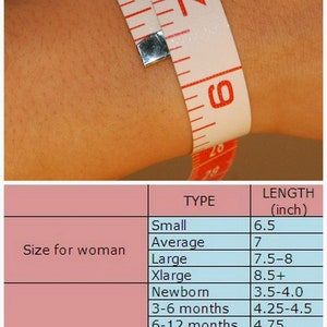 May include: A chart showing bracelet sizing in inches for women and children. The chart includes measurements for small, average, large, and extra large sizes for women, as well as sizes for newborns and children up to 13 years old.