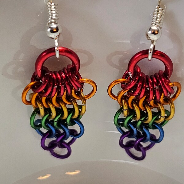 Vibrant Rainbow Pride Chainmail Earrings, Lightweight European 4-in-1 Design, LGBTQ+ Anodized Aluminum Fan Earrings, Fantasy Style Jewelry