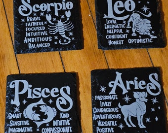 Zodiac Engraved Square Slate Coaster Astrology Aries Pisces Taurus Sagittarius Libra Leo Virgo Scorpio Capricorn Cancer Gemini Aquarius