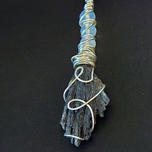 Witch Broom Pendant Kyanite and Opalite Silver Wire Wrapped Necklace for Wiccan, Witchy, Halloween, Pagan, Magical Jewelry