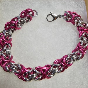 Pink and Silver Anodized Aluminum Byzantine Chainmail Bracelet