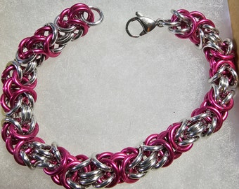Pink and Silver Anodized Aluminum Byzantine Chainmail Bracelet