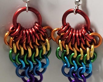 Rainbow Pride Chainmail Earrings: Anodized Aluminum Fan Design