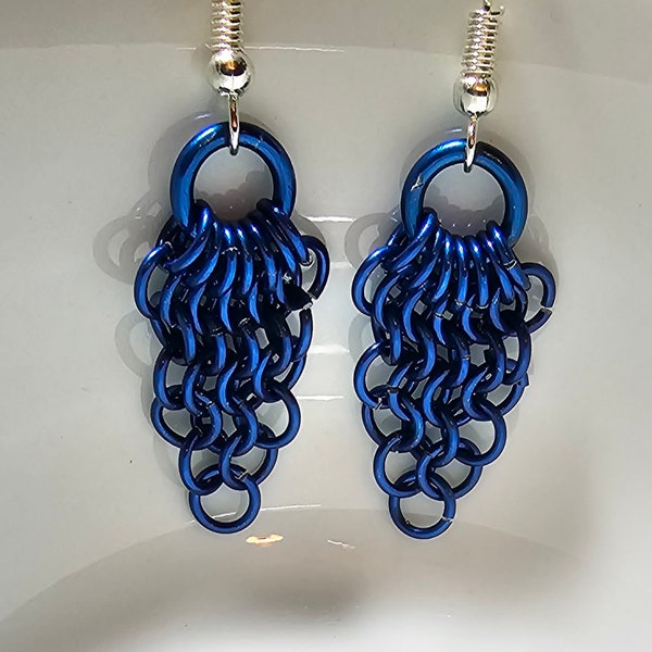 Blue Anodized Aluminum Fan Chainmail Earrings European 4 in1 Fantasy SCA Lightweight Earrings